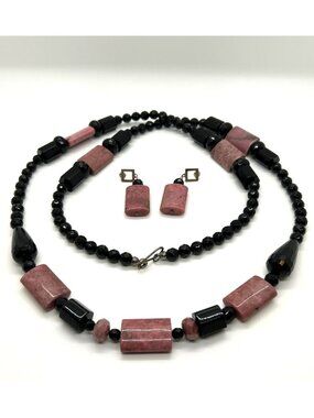 Jay King DTR Sterling Silver Pink Rose Quartz & Black Onyx Necklace Earring Set